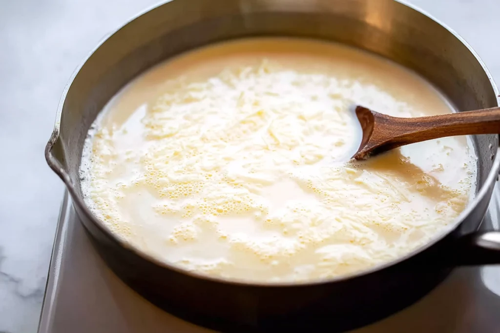 garlic cream sauce simmering for creamy garlic shrimp recipe