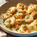 creamy garlic shrimp plated hero shot in modern kitchen