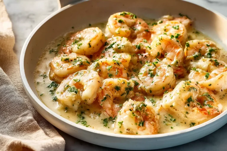 creamy garlic shrimp plated hero shot in modern kitchen