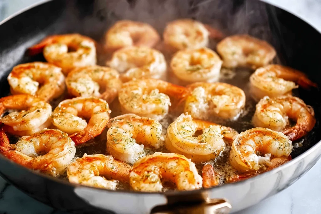shrimp searing in skillet for creamy garlic shrimp