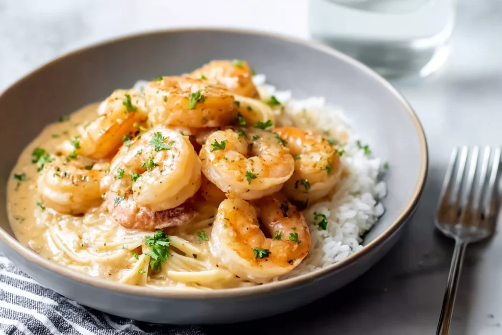 creamy garlic shrimp served over pasta in modern kitchen setting