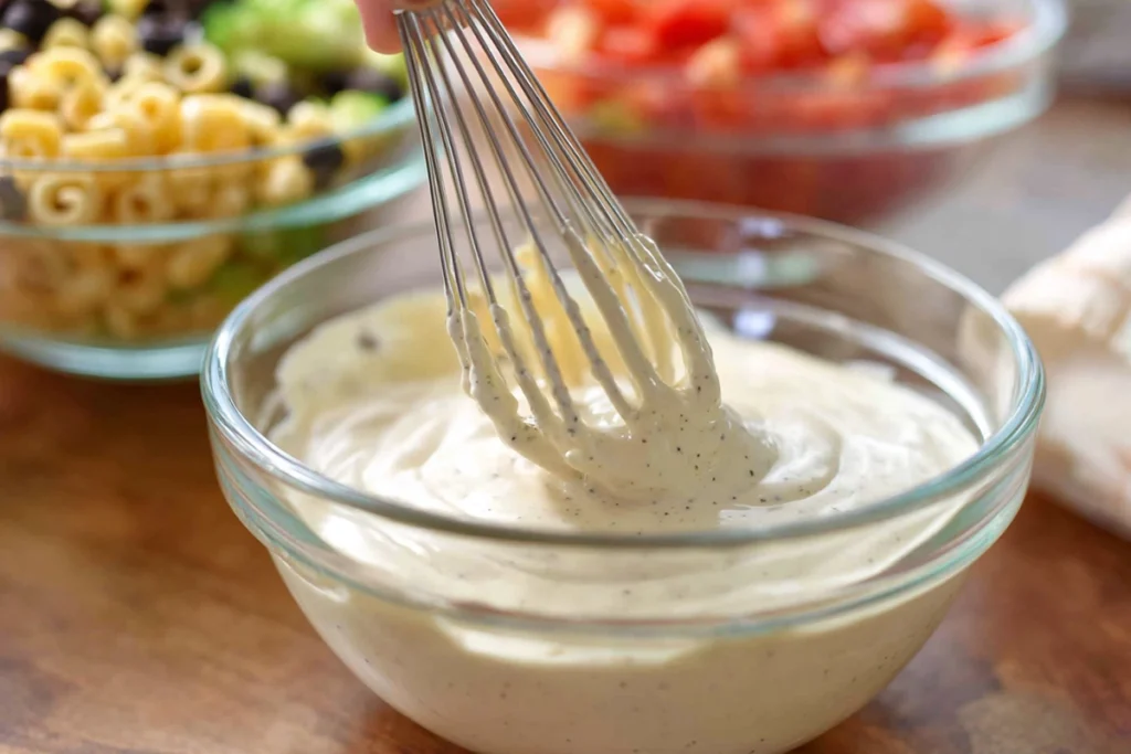 Close-up of creamy pasta salad dressing being whisked in a glass bowl under natural light