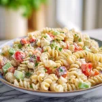 Creamy pasta salad served in a modern kitchen with natural daylight and fresh vegetables