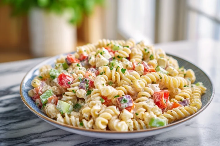 Creamy pasta salad served in a modern kitchen with natural daylight and fresh vegetables