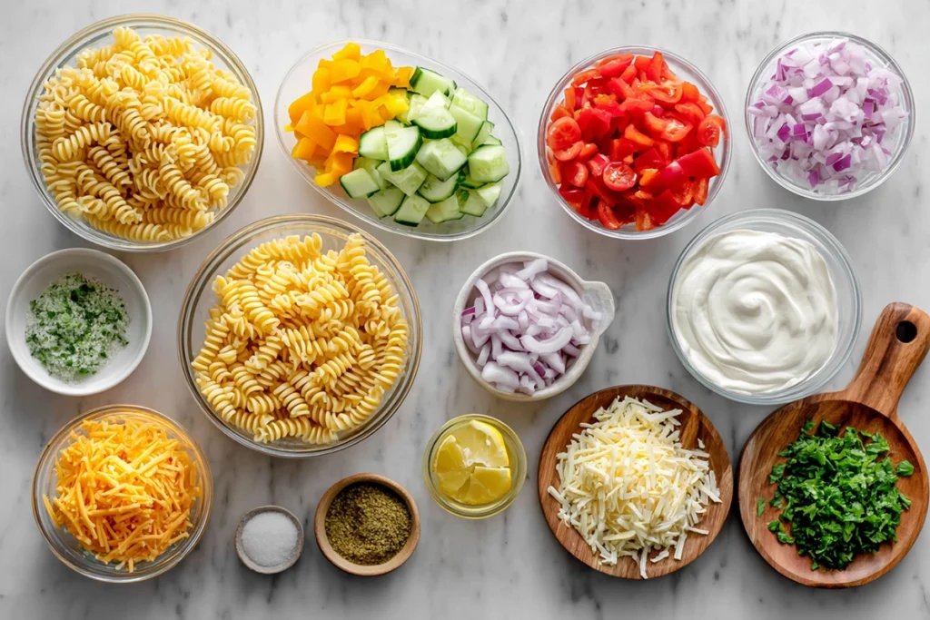 Overhead shot of creamy pasta salad ingredients in glass bowls on a marble countertop