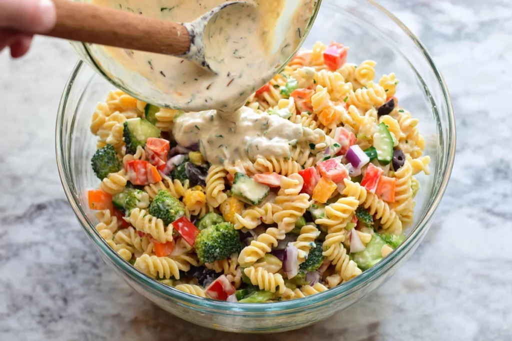 Overhead view of creamy pasta salad ingredients being tossed together in a glass bowl