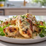 creamy ranch chicken served on modern white plate with herb garnish in bright kitchen