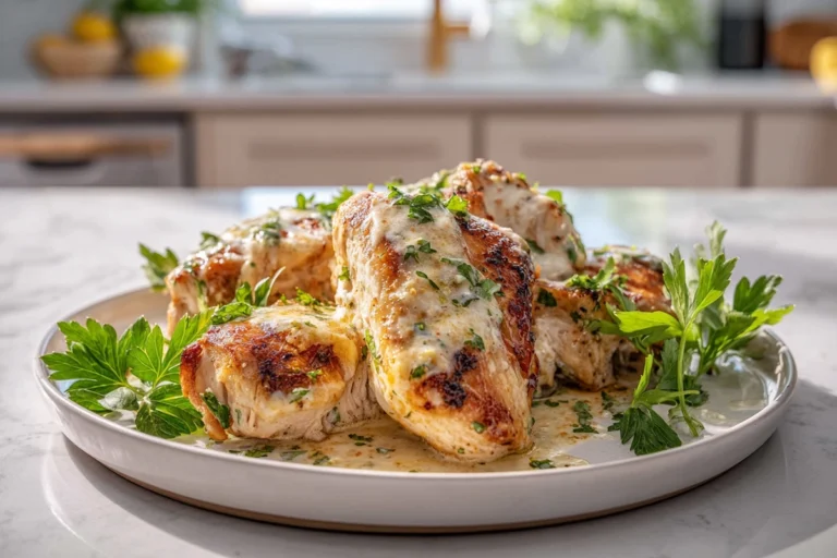creamy ranch chicken served on modern white plate with herb garnish in bright kitchen