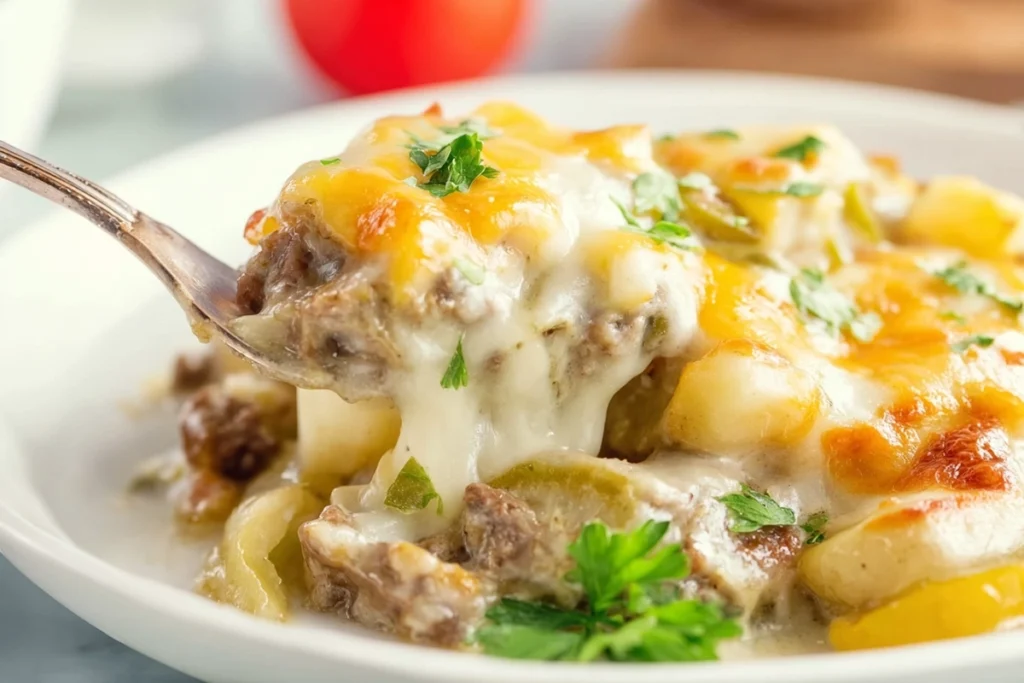 Close-up of Slow Cooker Steak and Cheddar Potato Casserole showing creamy layers