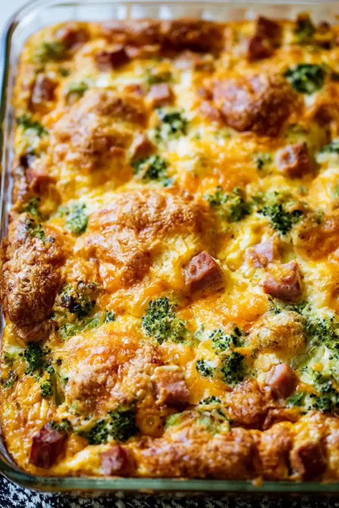 Crescent Roll Breakfast Casserole with Ham and Cream Cheese 5 Crescent roll breakfast casserole with egg, ham, cheese, and jalapeño distributed evenly before baking