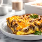 Crescent Roll Breakfast Casserole on white plate with melted cheese and sausage