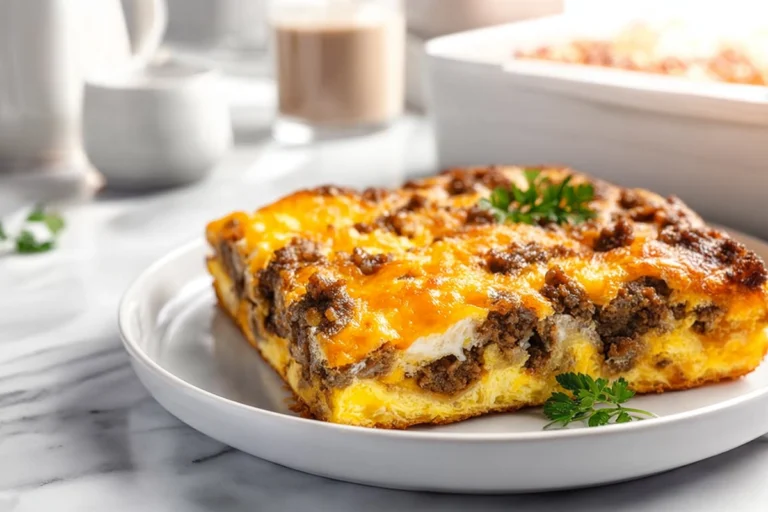 Crescent Roll Breakfast Casserole on white plate with melted cheese and sausage