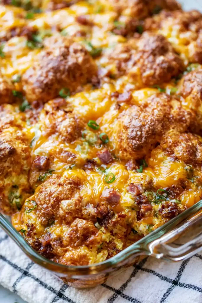 Crescent Roll Breakfast Casserole with Ham and Cream Cheese 2 Crescent roll breakfast casserole with flaky rolls, ham, eggs, and cream cheese centers