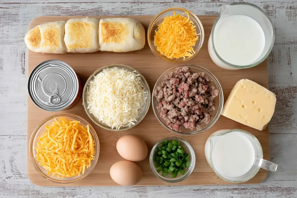 Overhead photo of Crescent Roll Breakfast Casserole ingredients including eggs, cheese, sausage, and dough