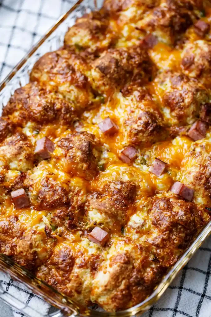 Crescent Roll Breakfast Casserole with Ham and Cream Cheese 7 Warm crescent roll breakfast casserole with ham and cream cheese ready to serve