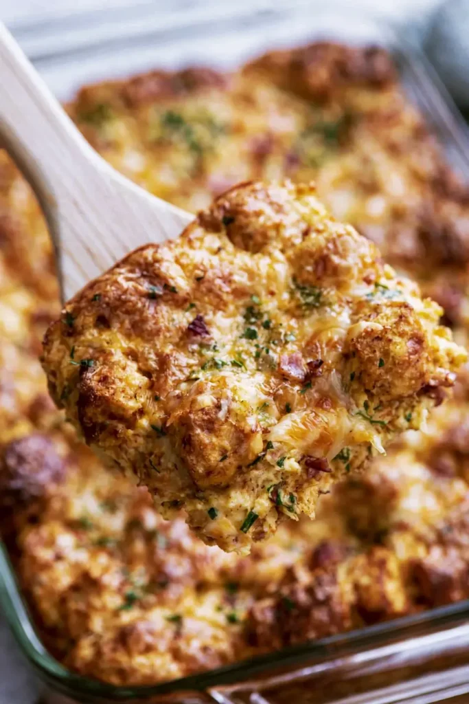 Crescent Roll Breakfast Casserole with Ham and Cream Cheese 6 Baked crescent roll breakfast casserole portion showing a set egg center and flaky golden layers