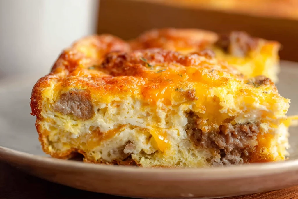 Close-up of Crescent Roll Breakfast Casserole slice showing layers of eggs, sausage, and cheese