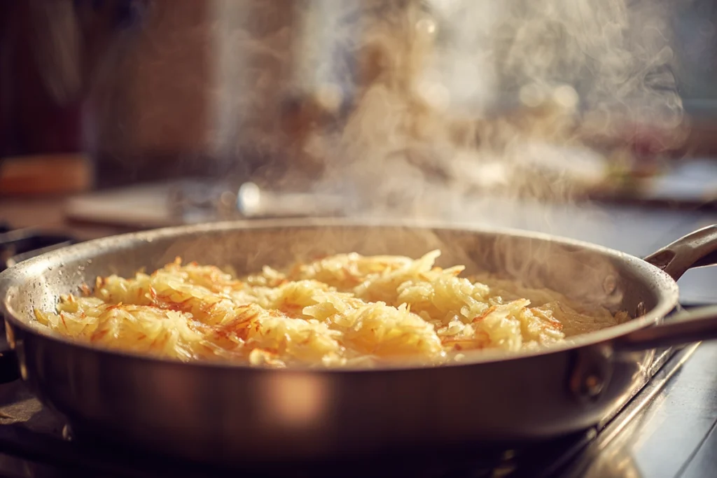 close-up of crisping potatoes for protein loaded breakfast hash browns