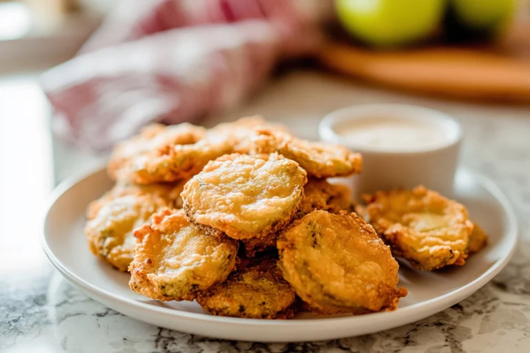 crispy deep fried pickles plated with ranch dip on a marble countertop in a modern kitchen