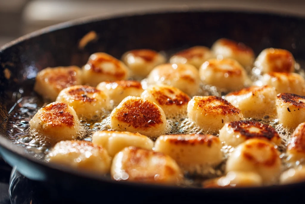 Crispy Gnocchi Spinach Feta cooking step showing gnocchi crisping in skillet