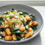 Crispy Gnocchi Spinach Feta plated hero image in a modern kitchen