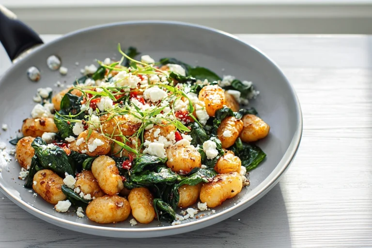 Crispy Gnocchi Spinach Feta plated hero image in a modern kitchen
