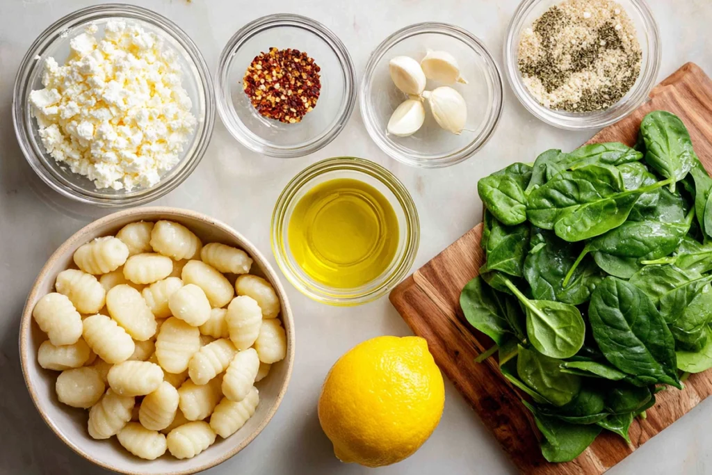 Ingredients for Crispy Gnocchi Spinach Feta arranged neatly on a countertop