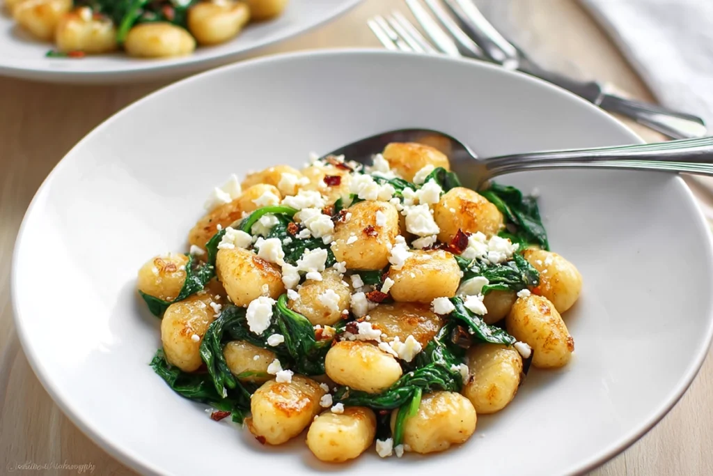 Final serving of Crispy Gnocchi Spinach Feta in modern bowl