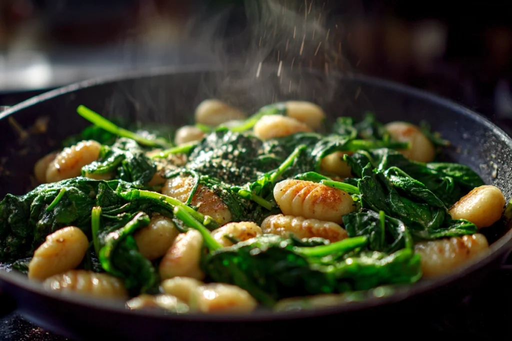 Spinach wilting in skillet for Crispy Gnocchi Spinach Feta recipe