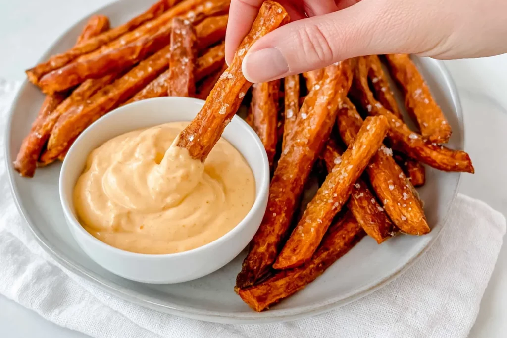 Crispy Oven Baked Sweet Potato Fries with creamy dipping sauce