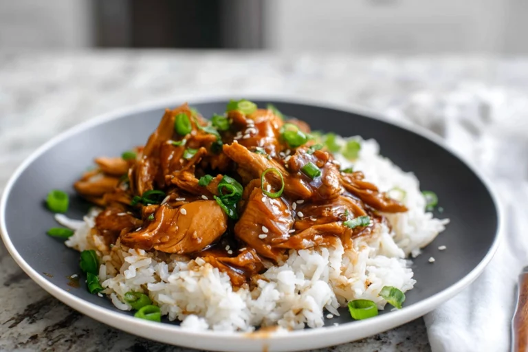 Finished Crock Pot Bourbon Chicken served with rice and garnish in modern kitchen