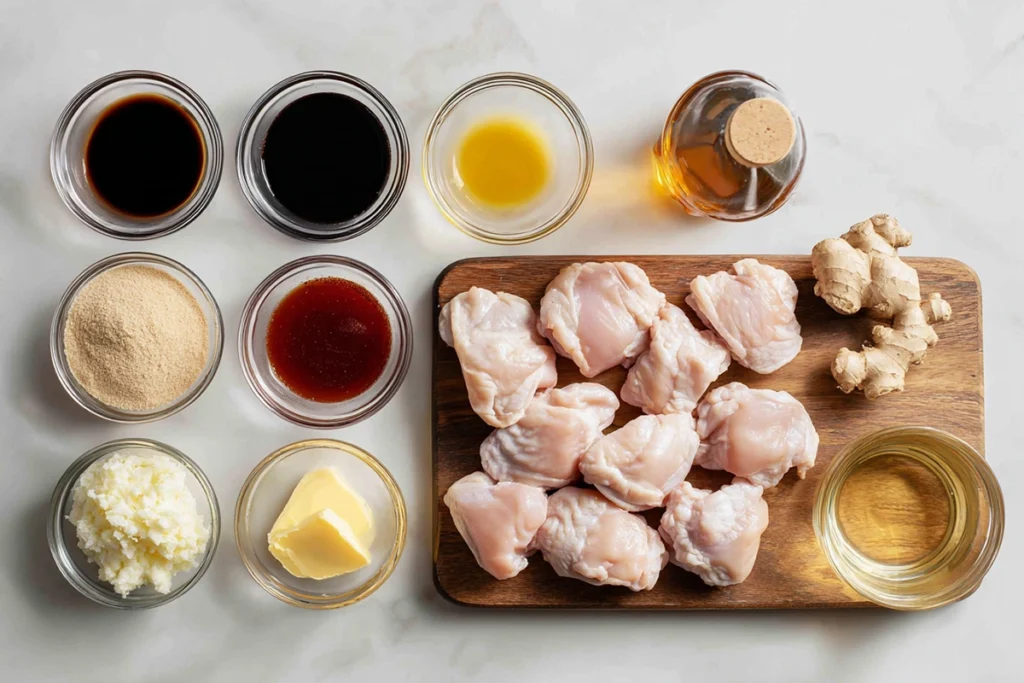 Overhead ingredients layout for Crock Pot Bourbon Chicken with chicken and sauces