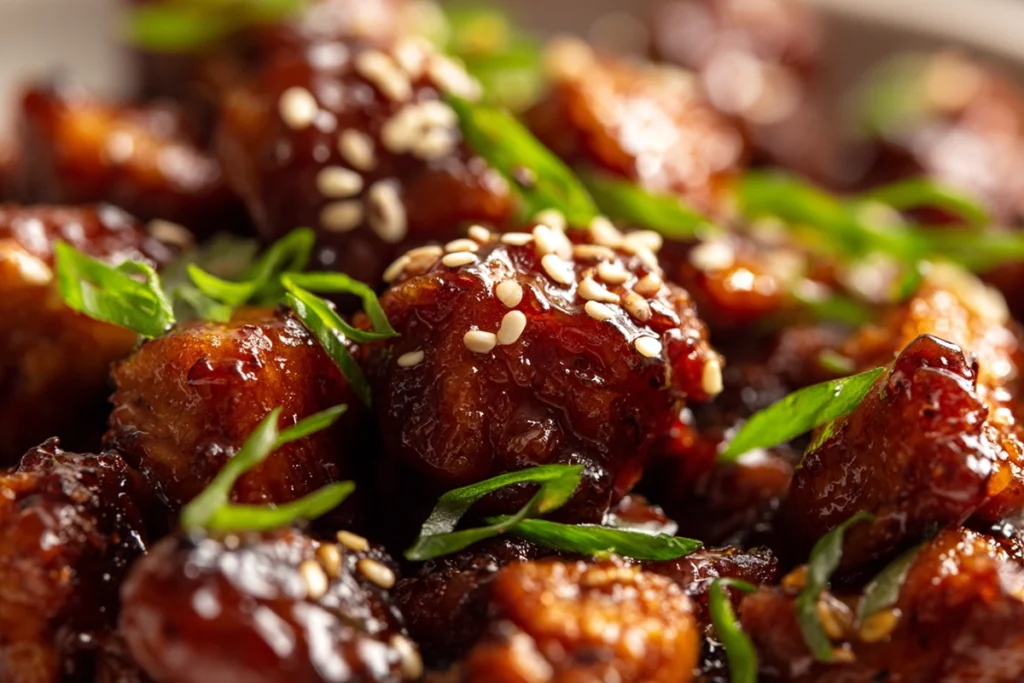 Macro close-up texture shot of Crock Pot Bourbon Chicken glaze