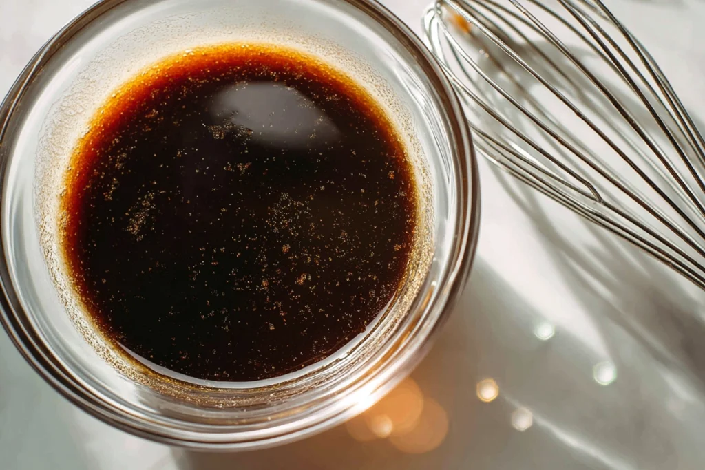 Glossy bourbon sauce mixture for Crock Pot Bourbon Chicken in glass bowl