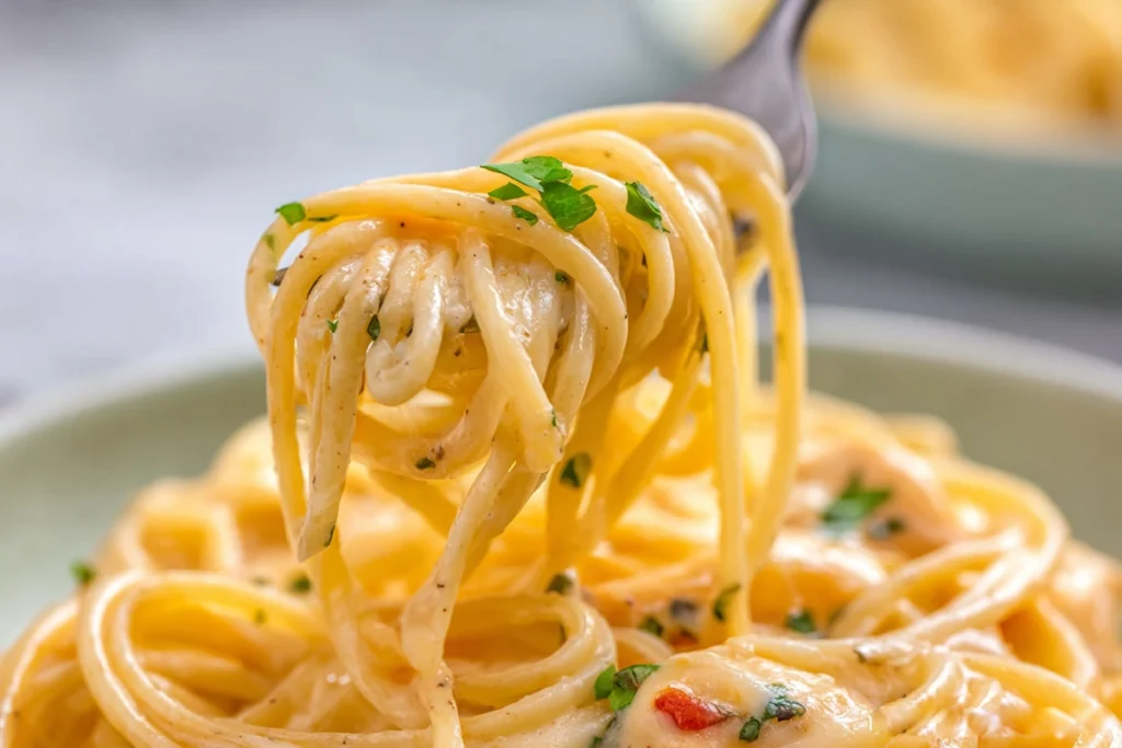 Close-up of cheesy spaghetti twirled on a fork from Crock Pot Cheesy Chicken Spaghetti