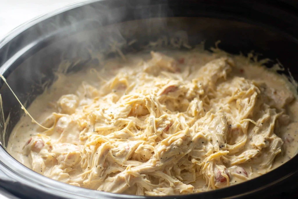 Shredded chicken being mixed into creamy sauce for Crock Pot Cheesy Chicken Spaghetti