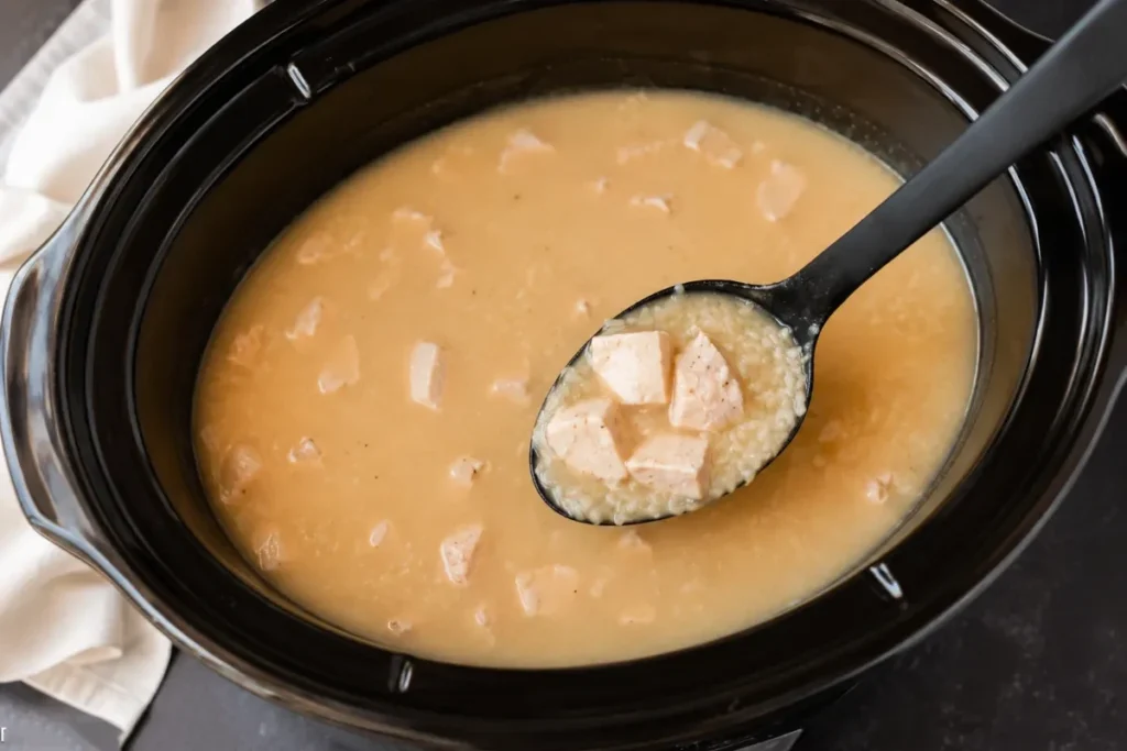 Crock Pot Chicken and Rice for Cozy Weeknight Dinners 5 Uncooked Crock Pot Chicken and Rice mixture with chicken broth brown rice and cream of chicken soup