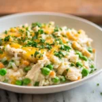 photorealistic image of creamy crock pot chicken and rice in modern kitchen