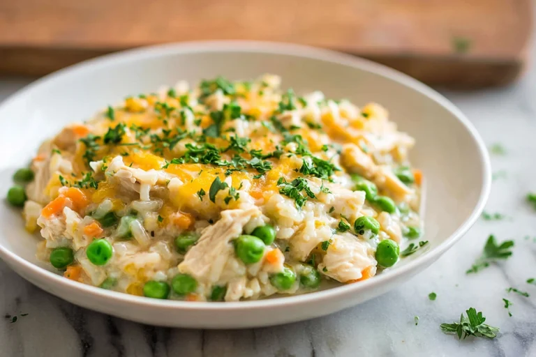 photorealistic image of creamy crock pot chicken and rice in modern kitchen