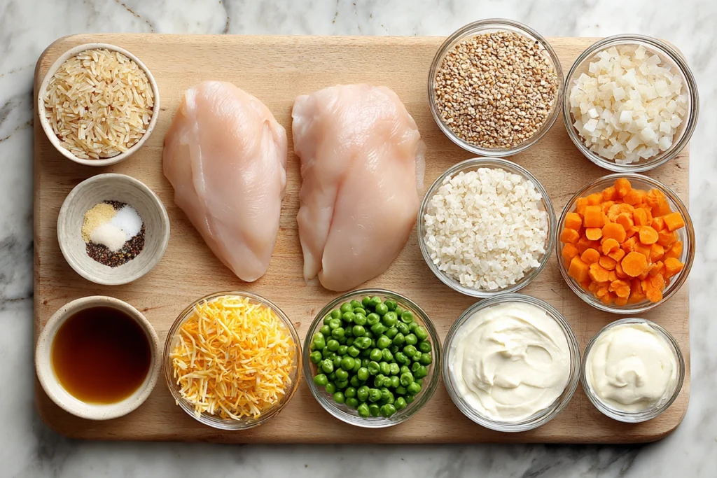 top view of crock pot chicken and rice ingredients on wooden board in modern kitchen