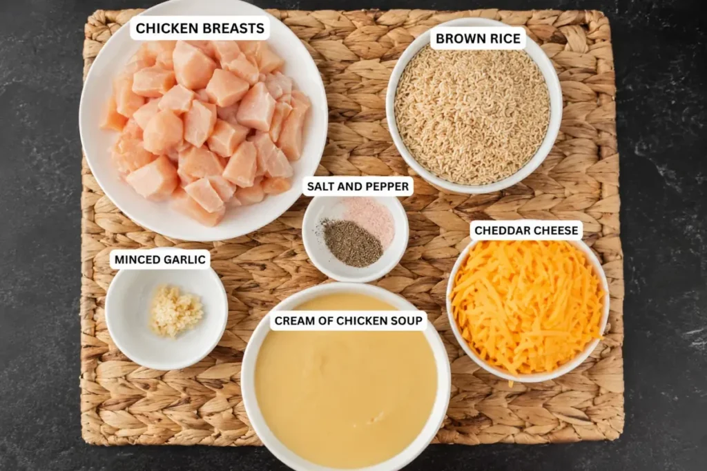 Crock Pot Chicken and Rice for Cozy Weeknight Dinners 4 Crock Pot Chicken and Rice ingredients with chicken brown rice cheddar and cream of chicken soup