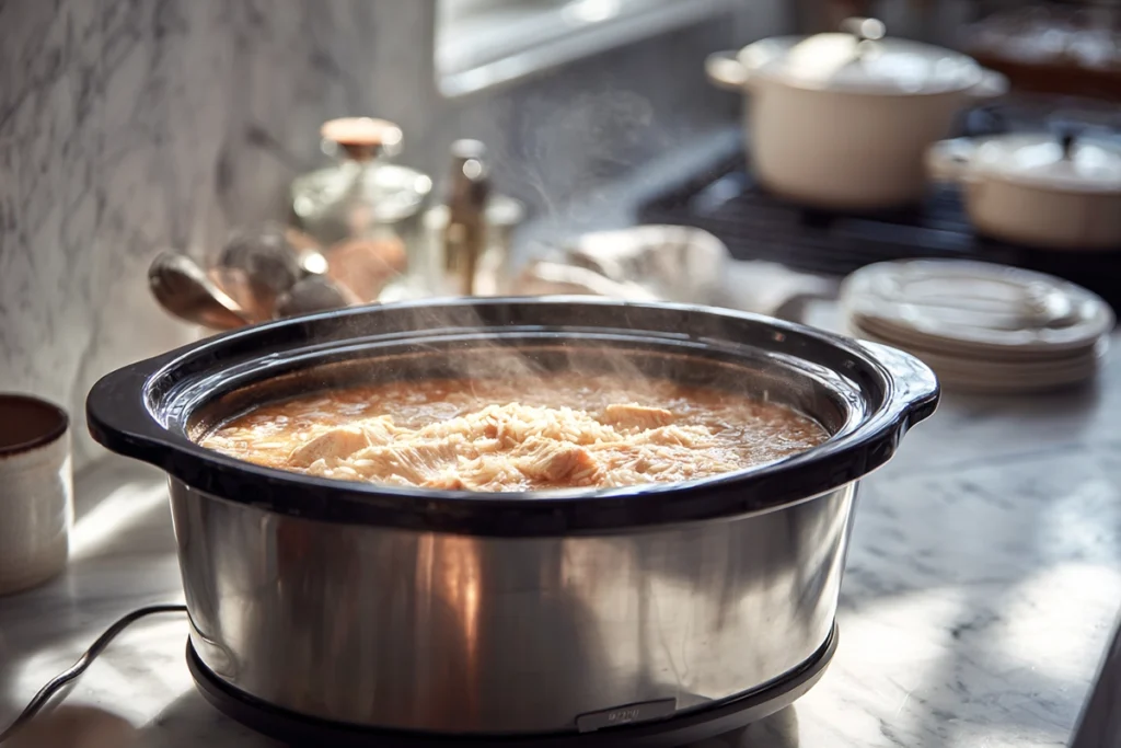 close-up of crock pot chicken and rice cooking in slow cooker with natural steam