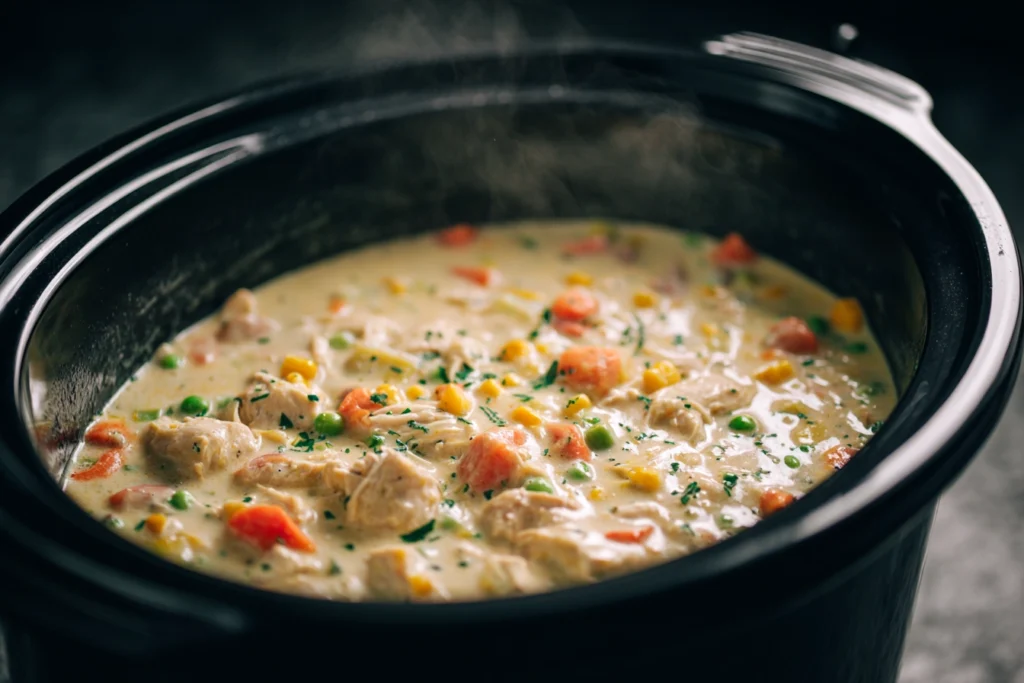 Crock Pot Chicken Pot Pie simmering in a slow cooker with creamy sauce and vegetables