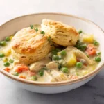 Crock Pot Chicken Pot Pie in a white bowl with creamy filling and golden biscuits on marble countertop