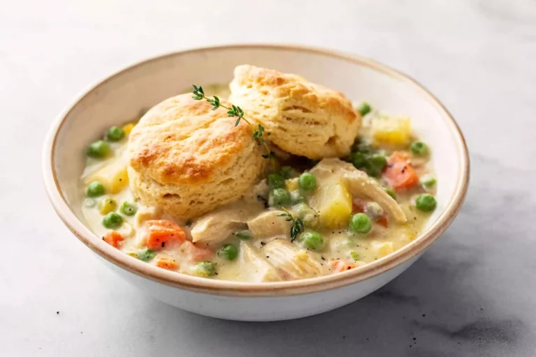Crock Pot Chicken Pot Pie in a white bowl with creamy filling and golden biscuits on marble countertop