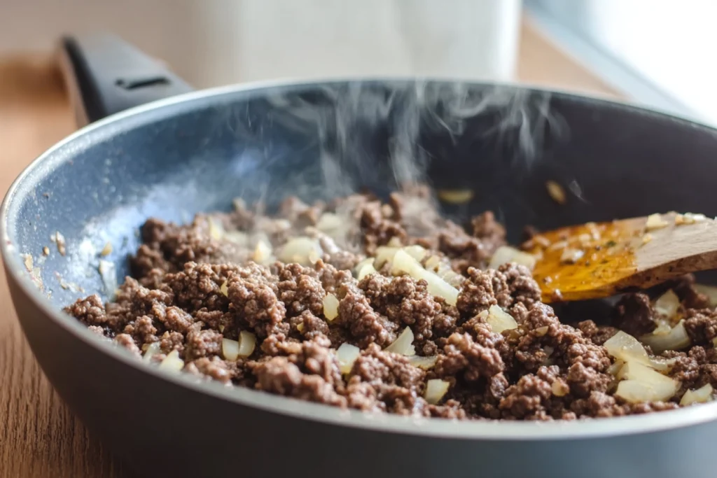 Crock Pot Chili cooking process, showing ground beef, onions, and garlic sautéing in a pan.