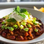 Crock Pot Chili with garnish, sour cream, and cheese, plated on a modern kitchen countertop.