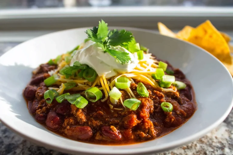 Crock Pot Chili with garnish, sour cream, and cheese, plated on a modern kitchen countertop.