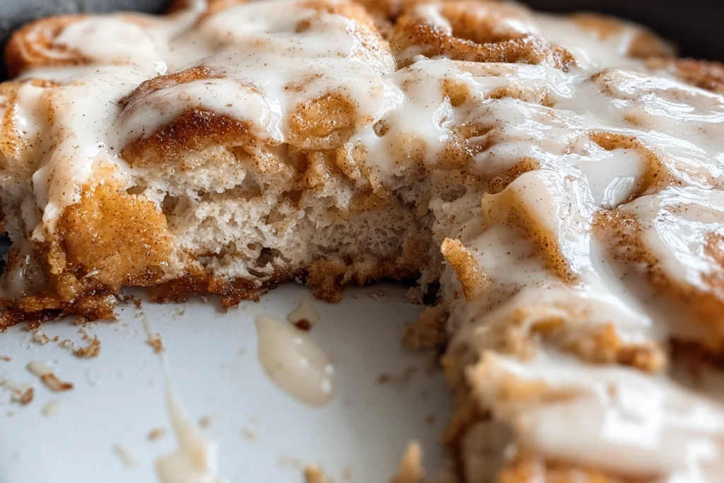 close-up texture of Crock Pot Cinnamon Roll Casserole showing cinnamon swirls and icing