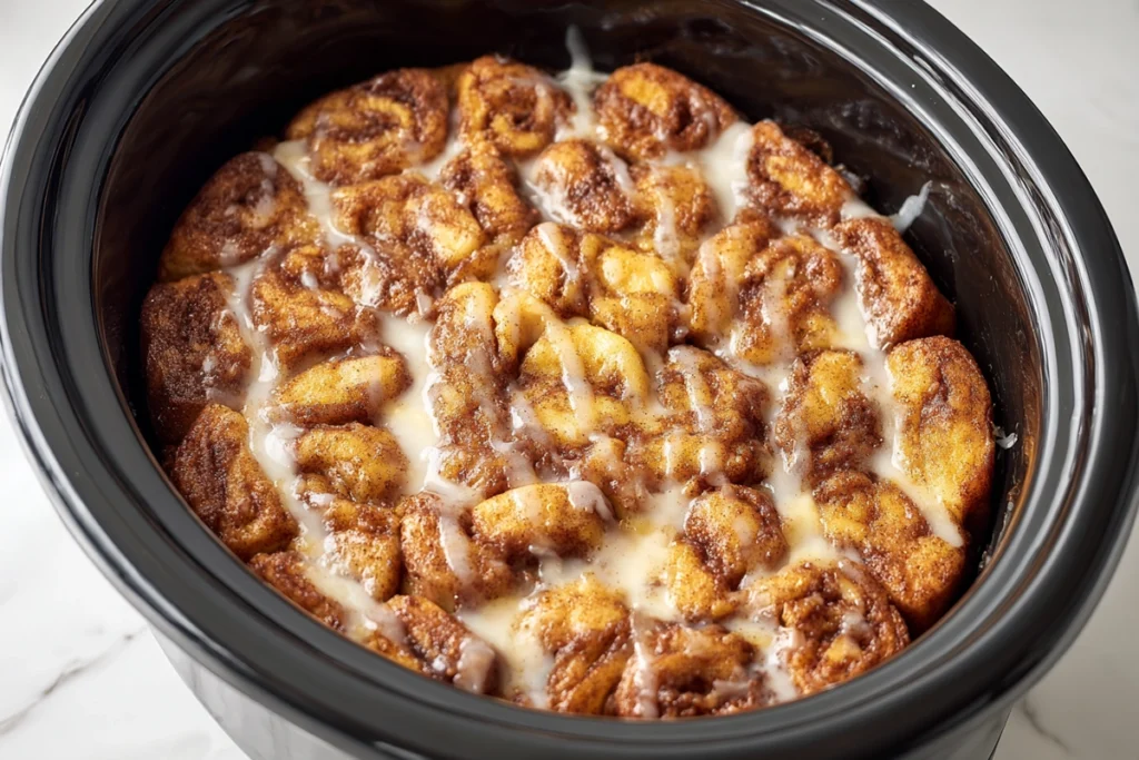 fully cooked Crock Pot Cinnamon Roll Casserole inside the slow cooker